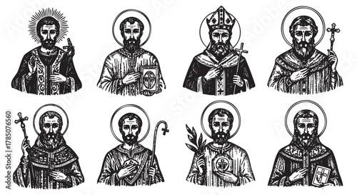 Eight intricately detailed black and white woodcut-style illustrations depicting religious male figures with halos and traditional attire.