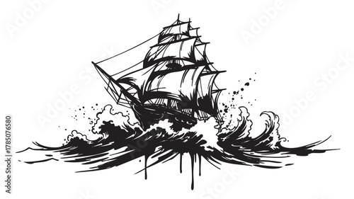 Black and white sketch of a classic tall ship navigating rough waves, with intricate details on the sails and rigging, conveying a sense of adventure and exploration.