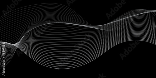 Abstract wave element for design. Digital frequency track equalizer. Stylized line art background, Geometric grey vector waves on black background. Editable stroke.