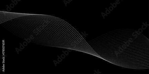 Abstract wave element for design. Digital frequency track equalizer. Stylized line art background, Geometric grey vector waves on black background. Editable stroke.