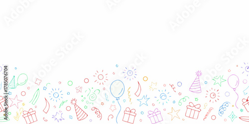Whimsical hand drawn colorful party elements border seamless pattern on white background