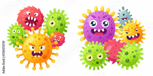 A collection of cute and colorful cartoon bacteria and viruses with funny faces and expressions