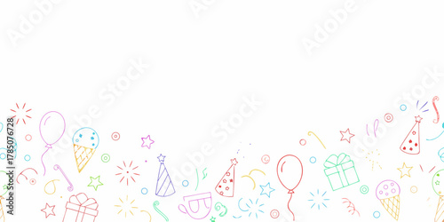 Whimsical hand drawn celebration border with balloons gifts ice cream and party hats