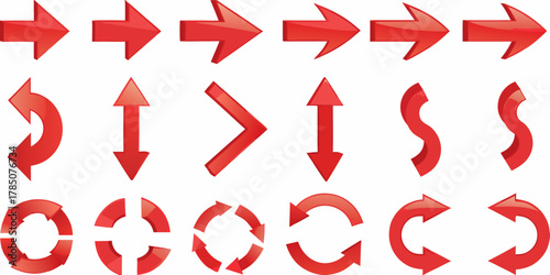 Collection of red 3d arrows pointing in various directions and shapes on white background
