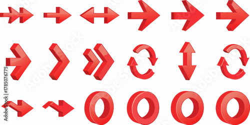 Collection of red 3d arrows and circular arrows pointing in various directions