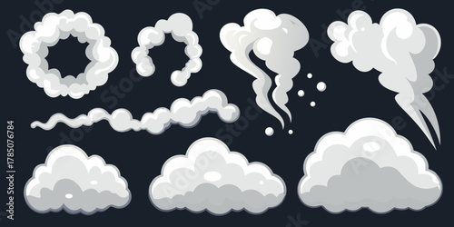 Collection of stylized cartoon smoke and cloud elements for animation and design