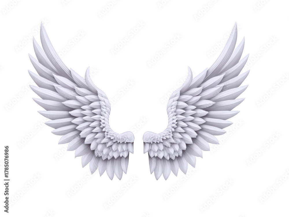 Fototapeta premium White angel wings with detailed feathers, symmetrical and isolated on transparent background, symbolizing purity, fantasy, and freedom, perfect for creative and spiritual designs