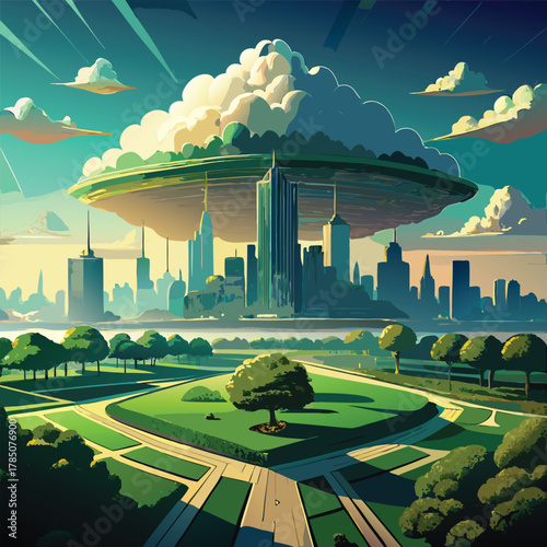 Alien city with a massive UFO cloud and parkland