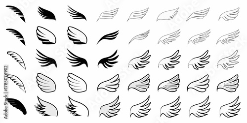 Collection of diverse wing icons and illustrations in various styles and designs for creative projects