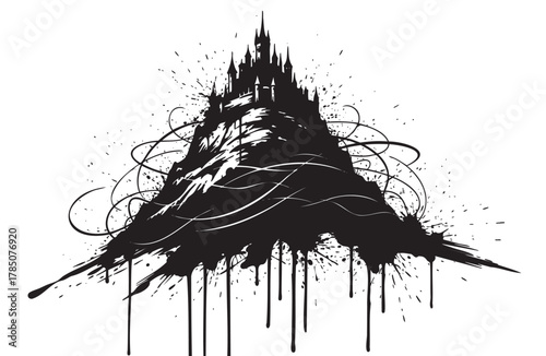 Abstract black ink splash in the shape of a mountain with spiky peaks and swirling lines, resembling a surreal landscape.