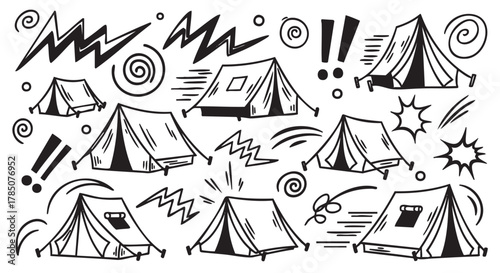 Numerous black outline sketches of triangular and rectangular camping tents with dynamic lines and symbols indicating movement and excitement.