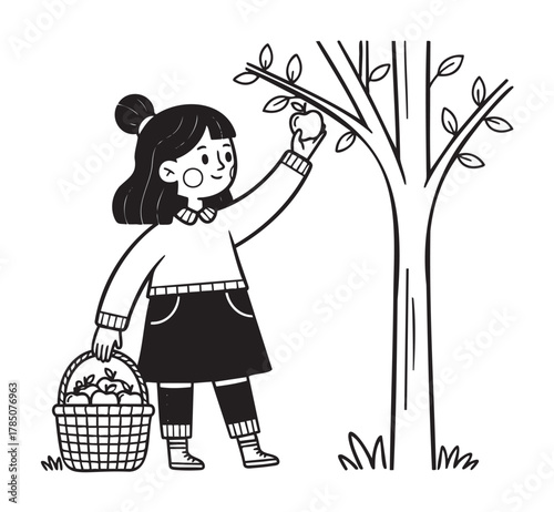 Young asian girl picking apples from a tree while holding a basket filled with apples, illustrated in a black and white cartoon style.