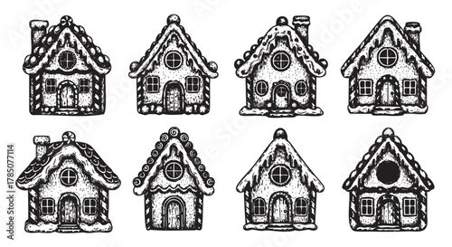Hand-drawn black and white illustrations of eight whimsical gingerbread houses, each with unique details and snowy roofs, suitable for holiday themes.