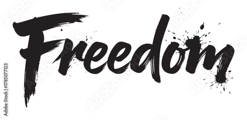 Stylized black brushstroke typography of the word "freedom" with splatter effects, conveying a sense of expression and creativity.