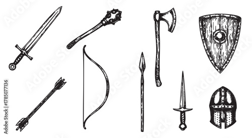 Vintage black and white sketch of medieval weapons and armor, including a sword, mace, axe, shield, arrow, bow, spear, small dagger, and helmet.
