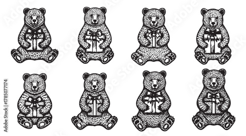 Eight monochrome hand-drawn teddy bears sitting upright, each holding a gift box wrapped with a ribbon.