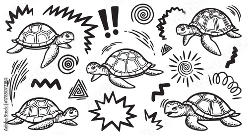 Black and white illustration of cheerful turtles swimming among abstract shapes and symbols, including spirals and exclamation marks.
