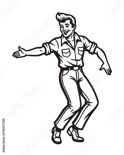 Black and white illustration of a male figure in a 1950s style outfit with a confident pose and slicked-back hair, exuding a retro vibe.