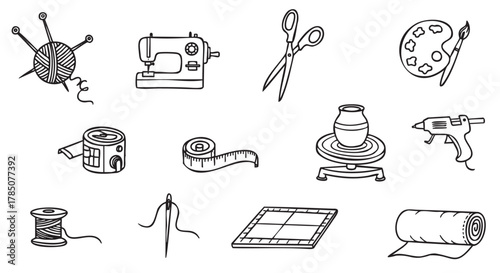 Black and white sketch of various arts and crafts tools including a sewing machine, scissors, paint palette, and pottery wheel.