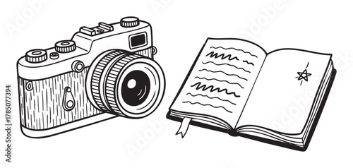 Black and white line drawing of a classic camera with a lens alongside an open book with written notes.
