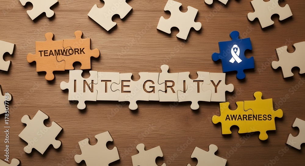 Obraz premium Puzzle pieces forming the word Integrity on wood