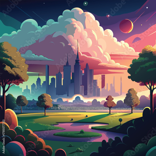 City Skyline at Dusk with Park and River sunset