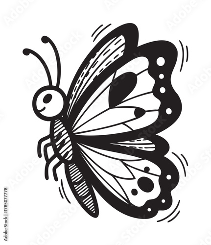 Black and white outline drawing of a butterfly with detailed wings and antennae in a playful, cartoon style.