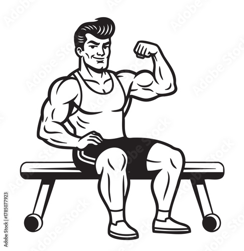 Black and white illustration of a muscular male character flexing his biceps while seated on a gym bench.
