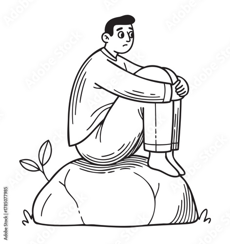 Black and white drawing of a thoughtful young male sitting on a rock with folded legs and a small plant growing beside him.