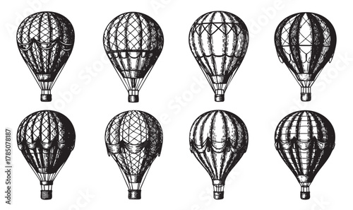 Eight detailed black and white sketches of hot air balloons with various intricate patterns and designs.