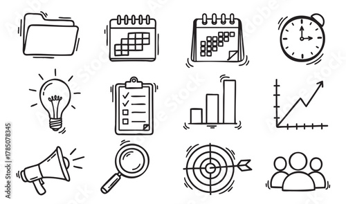 Hand-drawn vector icons representing organization and productivity tools, including folders, calendars, lightbulb, checklist, graphs, clock, megaphone, magnifying glass, target with arrow, and group o