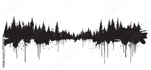 Monochrome silhouette of pine trees with dripping ink effect creating a symmetrical reflection on a white background.