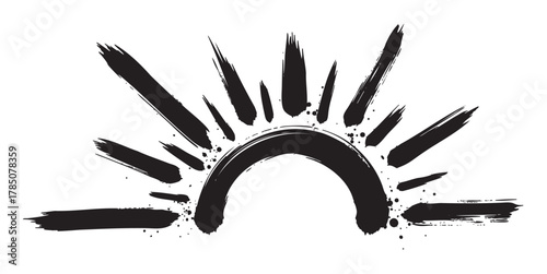 Black grunge brushstroke design featuring a semicircle with radiating lines resembling a stylized sunburst pattern.