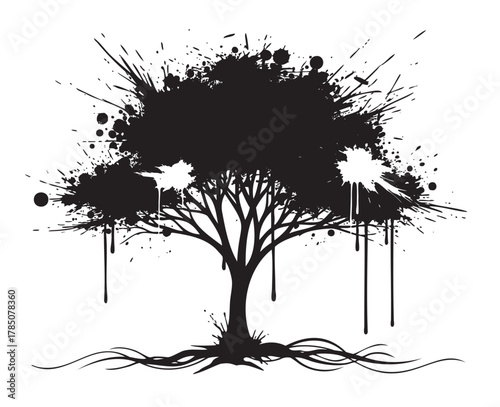 Black silhouette of a tree with abstract ink splatters and drips, resembling a fusion of nature and expressive artistic elements.