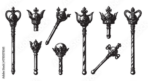 Nine intricately detailed black and white scepters featuring ornate crowns and decorative designs, symbolizing authority and royalty.