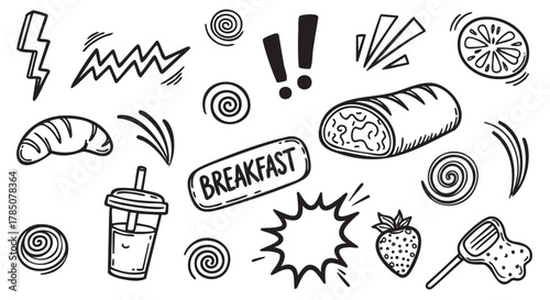 Black and white doodle-style illustration featuring various breakfast items, including a croissant, wrap, and smoothie, surrounded by dynamic lines and shapes.