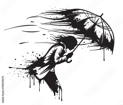 Silhouette of a female figure in a coat holding an umbrella against the wind, with ink splatter effects illustrating strong gusts.