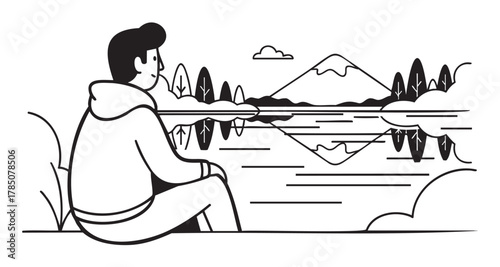 Black and white line drawing of a person sitting by a lake, gazing at a mountain view with trees reflected in the water.