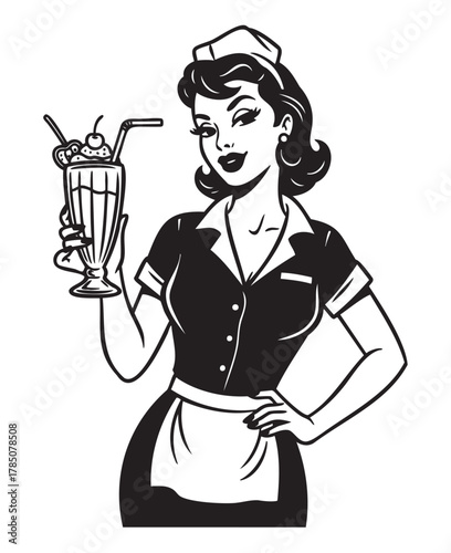 Illustrated female server in retro uniform holding a classic milkshake glass with a cherry on top, displaying a nostalgic vintage diner style.
