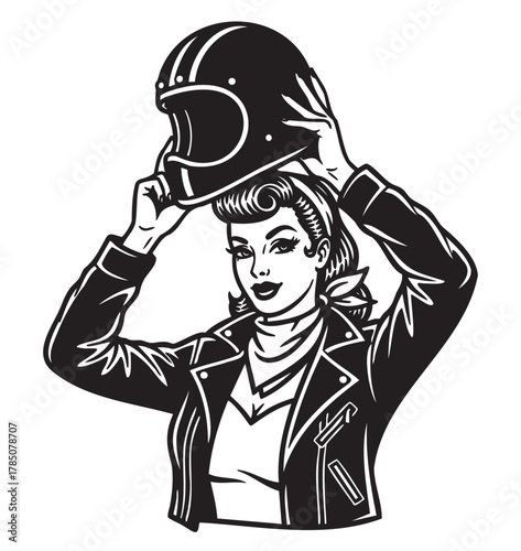 Black and white illustration of a female motorcyclist wearing a retro leather jacket, lifting a helmet onto her head with both hands.