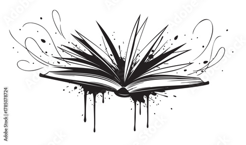 Black ink illustration of an open book with splayed pages, surrounded by splashes and artistic flourishes, suggesting creativity and imagination.