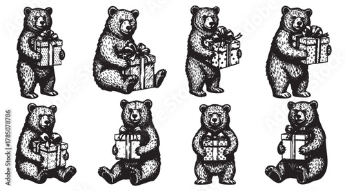 Ink sketch of eight bears each holding a gift box with ribbons, showcasing various poses and expressions, emphasizing a festive theme.