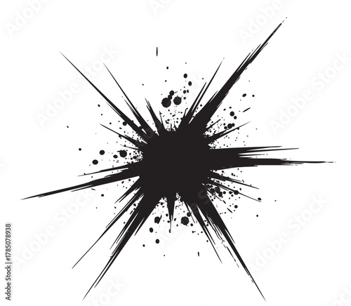 Abstract black ink splatter with sharp spikes radiating outward, set against a white background, conveying a sense of dynamic movement and creativity.