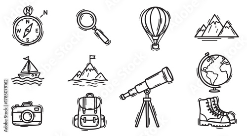 Hand-drawn black outline icons of a compass, magnifying glass, hot air balloon, mountains, sailboat, island, telescope, globe, camera, backpack, and boot.