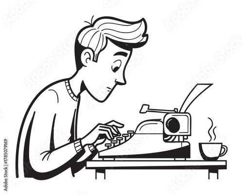 Black and white illustration of a young caucasian male focused on typing at a typewriter with a steaming cup of coffee nearby.