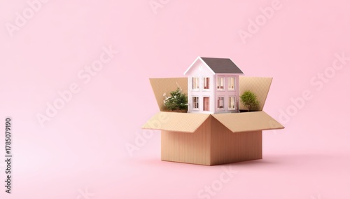 A small model of a house sits inside an open cardboard box