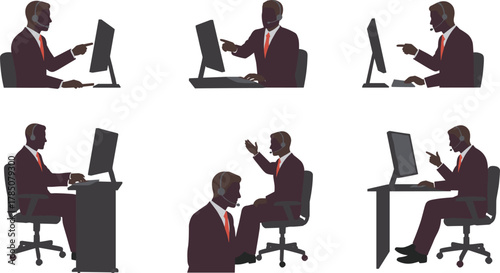 Call center customer support agent working with computer, wearing headset, online service representative, business office worker communication vector illustration design