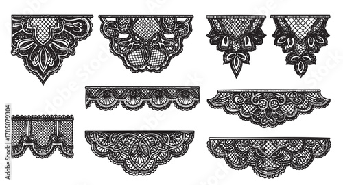Intricate black lace designs showcasing a variety of floral and geometric patterns, laid out in different symmetrical shapes.
