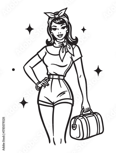 Retro-style black and white illustration of a young caucasian woman with a headscarf and handbag, exuding vintage charm.