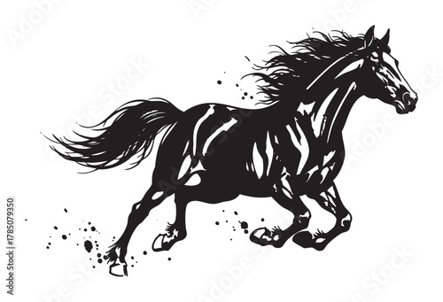 Black and white silhouette of a galloping horse with dynamic flowing mane, emphasizing speed and movement.